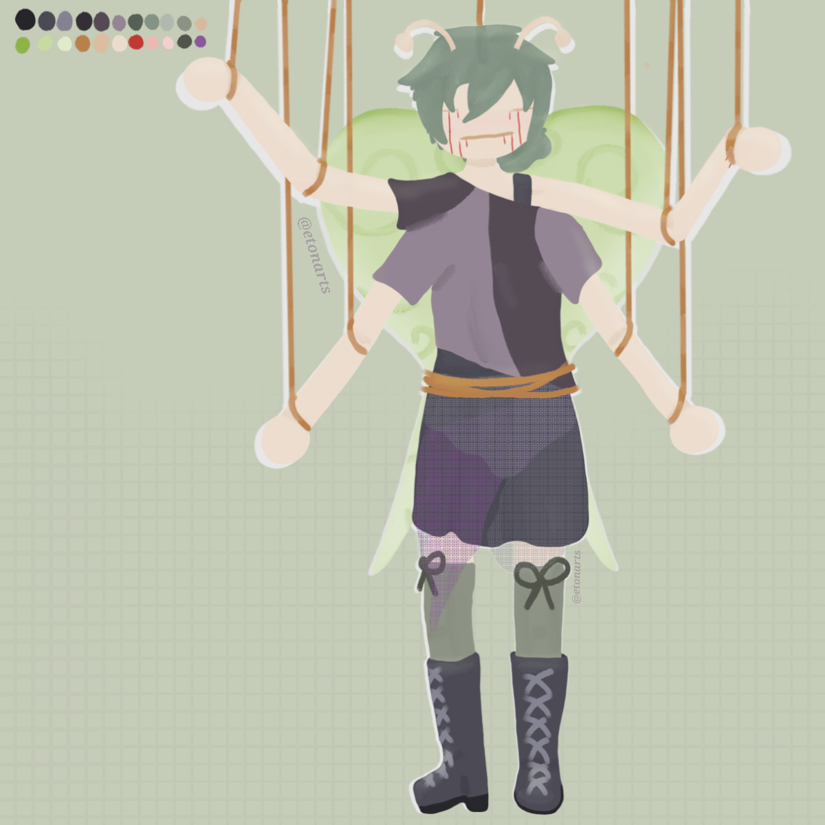 A digital illustration of a Lunar Moth-Human character who's four arms and wings are tied up with ropes from the ceiling.