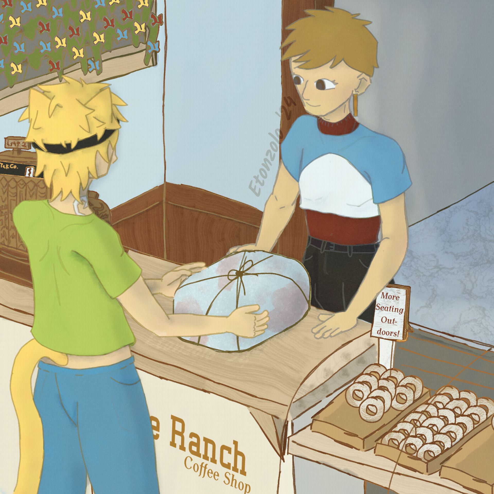 A digital drawing of human Jimmy Solidarity passing a light blue package with red stains on it to a cat-hybrid Martyn Inthelittlewood (who has a white listener tattoo). They are at a shop counter that reads 'The Ranch Coffee Shop' on it's side.