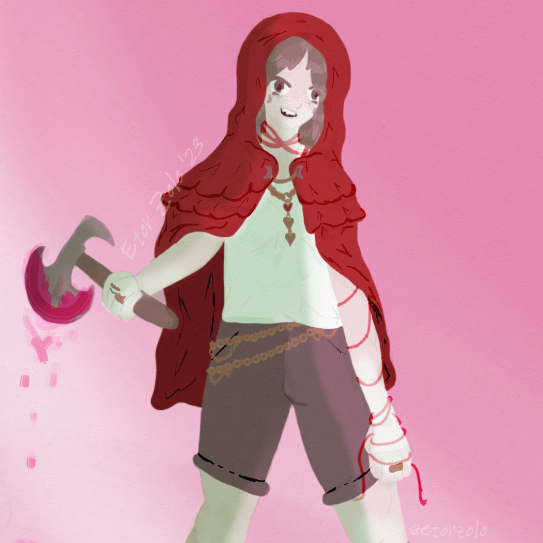 A digital drawing of Double Life Pearl. She's wearing a red cloak ontop a white sleeveless shirt and shorts. She also has multiple chain jewelry and rings, including a necklace with three heart charms in a row, the top one having a red jewel. Her Soulmate bonds are wrapped around her neck and go down her arm, being held in one hand while the other holds a bloody axe.